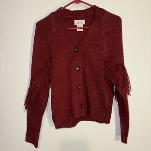 Ariat Cardigan Womens XS Button Sweater Fringe Red Maroon Knit Western